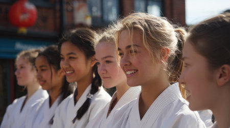 Young girls in karate uniforms stand confidently demonstrating unity and focus at a lively outdoor event.の素材