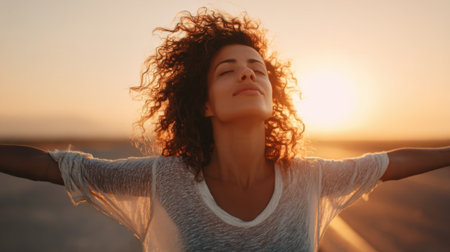 A woman stands with arms open wide enjoying the warmth of the setting sun. Her joyful expression radiates bliss.の素材