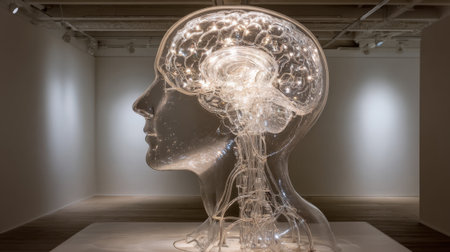 A translucent sculpture of a brain and head lights up a spacious art gallery symbolizing intellect.の素材