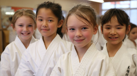 Four girls in white uniforms smile brightly as they prepare for their karate class in a dojo.の素材