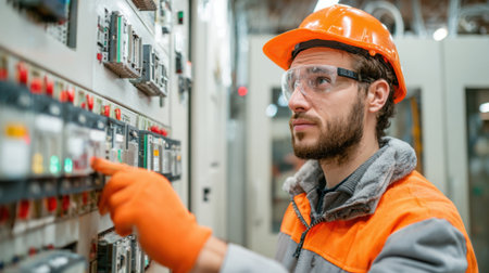 A focused worker in bright safety gear operates a control panel in an electrical facility.の素材