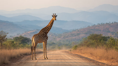 A giraffe gazes curiously while standing on a dirt road at dusk framed by rolling hills.の素材