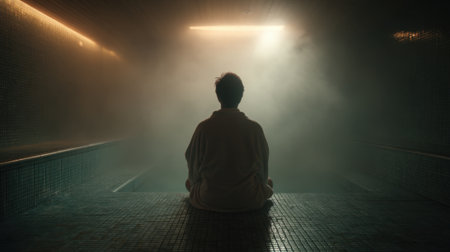 A figure sits quietly in a calming spa surrounded by mist and soft illumination creating a peaceful moment.の素材