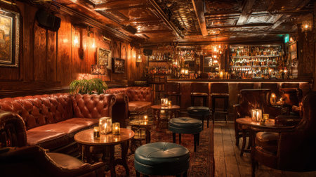 Rich wood paneling soft lighting and leather seating create an inviting atmosphere for socializing.の素材