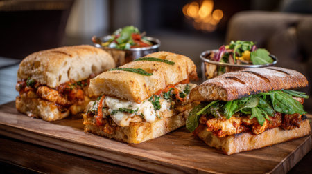 Three vibrant sandwiches filled with fresh ingredients are displayed on a rich wooden board.の素材