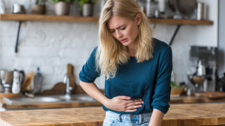 A woman stands in a warm kitchen holding her stomach and looking concerned as she feels unwell.の素材