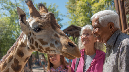A family interacts joyfully with a friendly giraffe on a bright day at the zoo.の素材