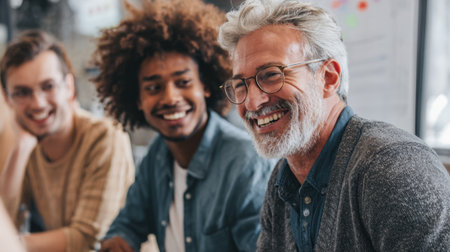 Three colleagues share laughter and ideas while engaging in a collaborative meeting at work.の素材
