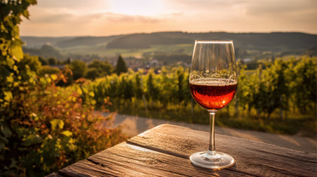 Golden sunlight bathes lush vineyards while a glass of red wine captures the evening glow.の素材