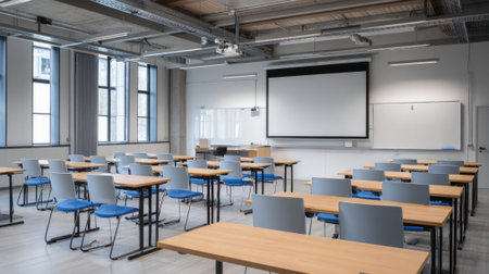 Bright and spacious classroom features empty desks placed neatly in rows inviting a peaceful learning atmosphere.の素材