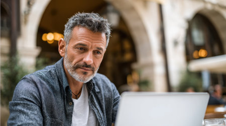 A man sits at a cafe table concentrating on his laptop while enjoying the vibrant atmosphere around him.の素材
