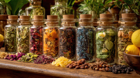 Various jars filled with vibrant herbs and spices create a lively display on a wooden table.の素材