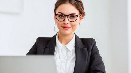 A woman in formal attire sits at her desk smiling confidently while using her laptop.の素材