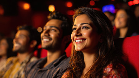 Laughter and smiles brighten the faces of friends at a lively movie theater experience.の素材