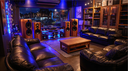 A warm gathering space showcases vibrant blue lights comfortable leather sofas and an impressive sound system.の素材