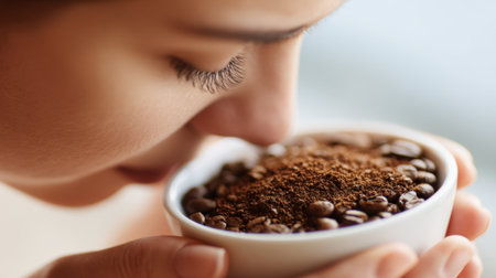 A person savors the aroma of coffee beans immersed in the moment enjoying a quiet time.の素材