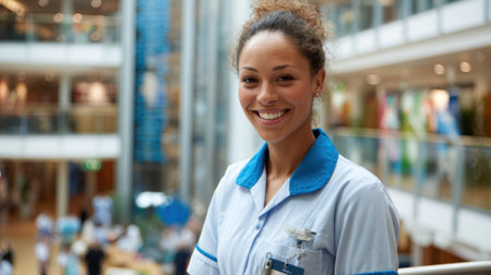 A cheerful healthcare professional is positioned in a vibrant hospital lobby greeting visitors warmly.の素材