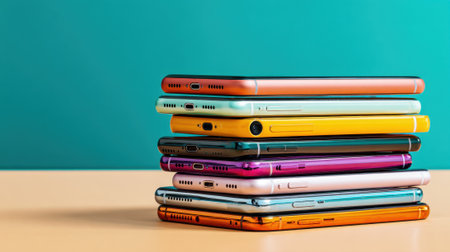 A vibrant collection of smartphones stacked neatly on a light surface showing their colors.の素材