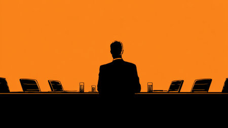 A person sits alone at a long table silhouetted against a bright orange backdrop highlighting a tense moment.の素材