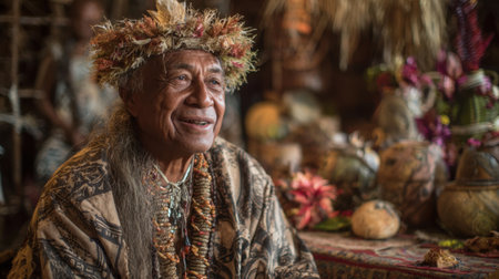 Cultural elder smiles warmly while sharing stories in a richly decorated space filled with natural elements.の素材