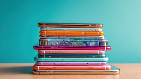 Various vibrant smartphones arranged in a neat tower on a wooden table showing their colors.の素材