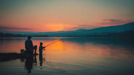 Two figures enjoy quality time fishing together casting lines into the calm lake as the sun sets.の素材