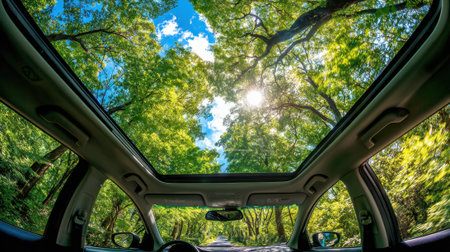 A car travels along a tree lined road beneath a bright blue sky filled with fluffy clouds.の素材
