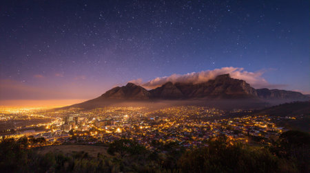 Beautiful night view showing city lights and Mountain under a starry sky.の素材