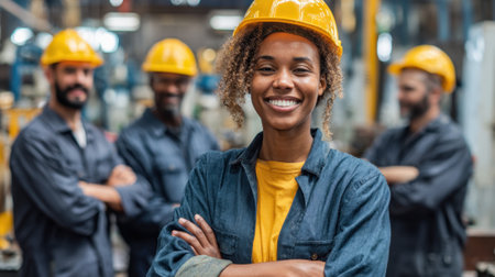 Four workers in safety gear smile confidently representing unity and hard work in the workplace.の素材