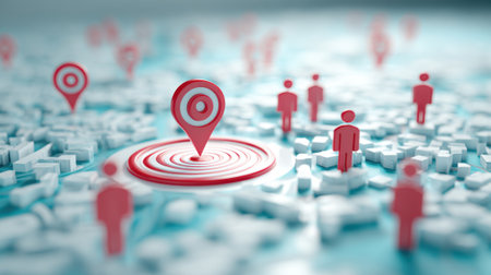 Red location markers stand out in a sea of pale shapes as small figures roam the digital landscape.の素材