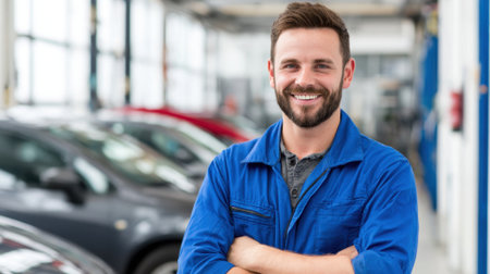 A cheerful mechanic poses with crossed arms in a busy auto workshop filled with vehicles.の素材