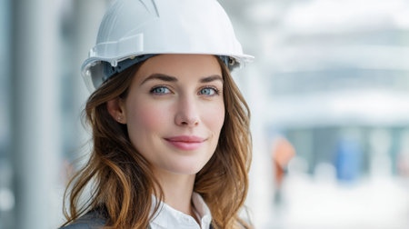 Young woman wearing a hard hat smiles confidently at a bustling construction site.の素材
