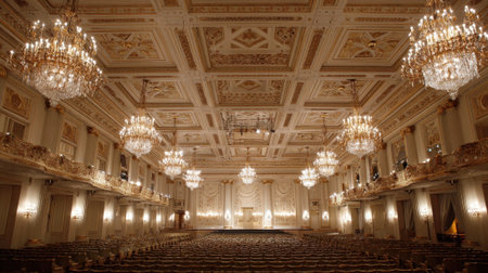 A grand concert hall with intricate details and sparkling chandeliers creates a romantic atmosphere.の素材