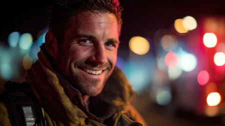 A firefighter stands proudly with a big smile after a challenging rescue during the night.の素材
