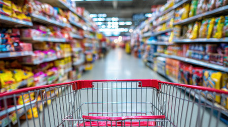 Busy shoppers navigate the aisles of a supermarket filled with vibrant snack options and colorful products.の素材