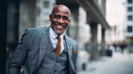 A cheerful man dressed in a tailored suit enjoys a walk in a bustling urban area filled with tall buildings.の素材