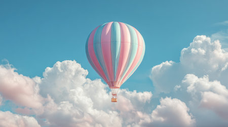 A vibrant hot air balloon floats serenely above soft clouds on a sunny day creating a joyful sight.の素材