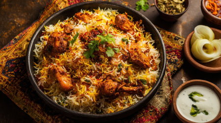 A warm bowl of chicken biryani topped with fresh herbs served with yogurt and sliced onions on the side.の素材