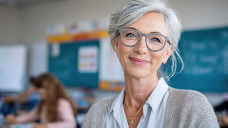 An experienced educator smiles warmly while engaging with students during a lesson.の素材