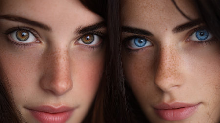 Two young women with unique eye colors and freckles stand close together showing their beauty.の素材