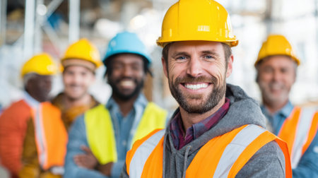 Group of friendly construction workers wear hard hats and safety vests while posing confidently.の素材