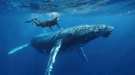 A swimmer interacts with a giant humpback whale highlighting the beauty of ocean life.の素材