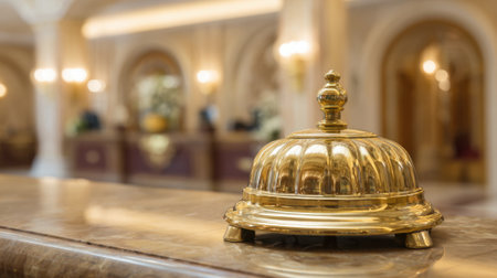 Golden service bell shines brightly on marble counter in upscale hotel lobby filled with soft light.の素材