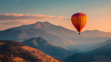 A vibrant hot air balloon soars high above stunning mountains during early morning light.の素材
