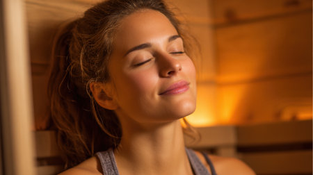A woman enjoys a peaceful moment in a cozy sauna embracing warmth and tranquility.の素材
