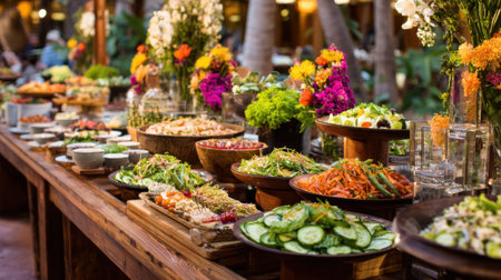 A joyful assortment of colorful salads and fresh vegetables arranged beautifully surrounded by tropical flowers.の素材