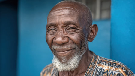A cheerful older man smiles warmly against a striking blue backdrop radiating happiness.の素材