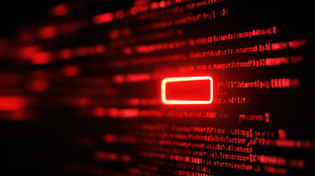 Bold red lines of code stream across a dark background creating a captivating digital experience.の素材