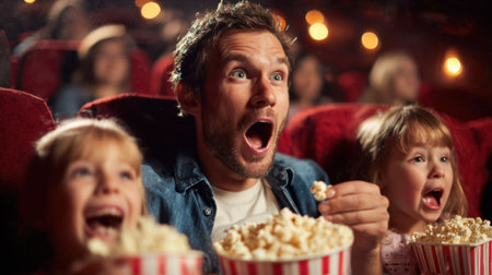 A man and two children enjoy a thrilling film sharing laughter and popcorn in a cozy theater.の素材