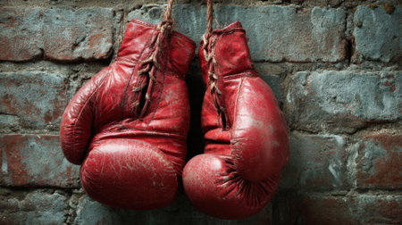 Old red boxing gloves dangle from a worn brick wall showcasing a connection to the sports past.の素材